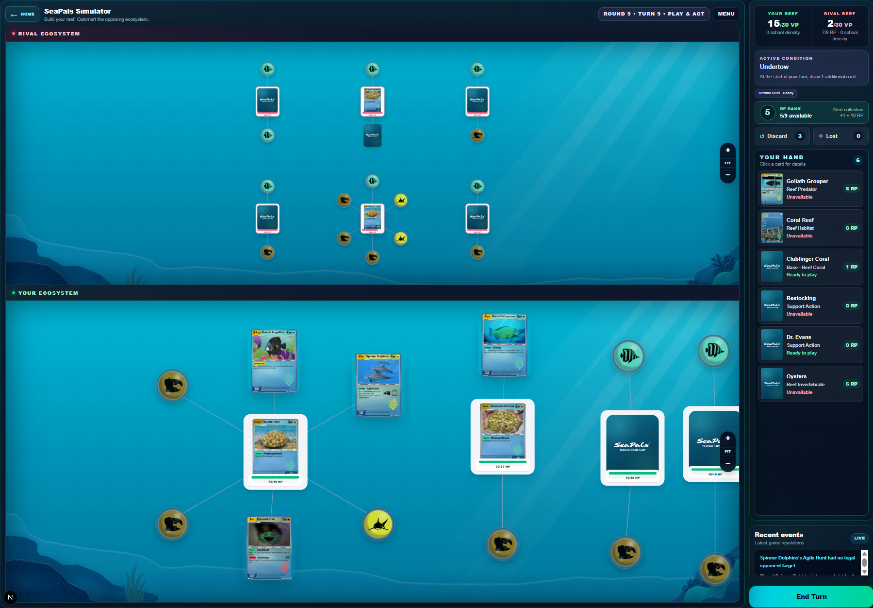 A full SeaRealm Simulator match showing the player's ecosystem, rival ecosystem, hand, Conditions, RP bank, and current scores